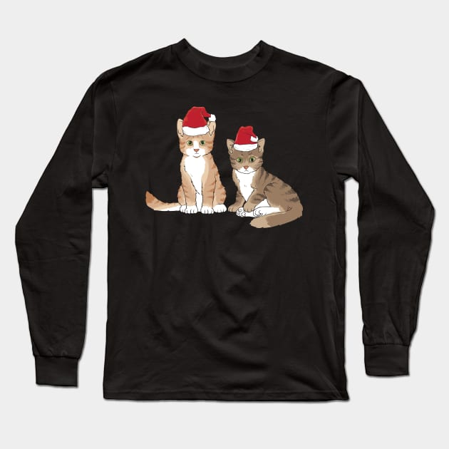 Christmas Cute Cats Kittens Red Hat Cap Tabby Gift Long Sleeve T-Shirt by Fresan